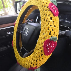 Crochet Strawberry Car Steering Wheel Cover,Strawberry Safety Steering Wheel, Cute Strawberry Steering Wheel Cover,Car Accessories,Car gift