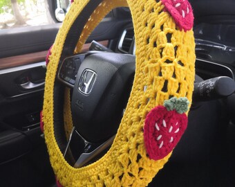 Crochet Strawberry Car Steering Wheel Cover,Strawberry Safety Steering Wheel, Cute Strawberry Steering Wheel Cover,Car Accessories,Car gift
