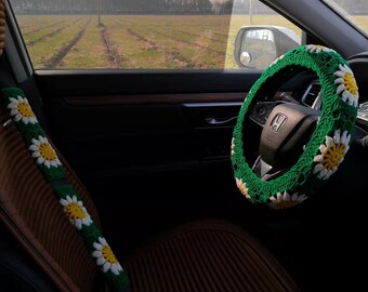 Crochet Sunflower Steering Wheel Cover: Handmade Car Accessory (14-15in)
