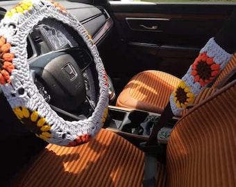 Handmade Crochet Sunflower Car Accessory Set: Steering Wheel and Seat Belt Cover