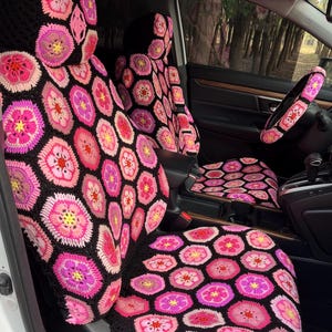 かぎ針編みのカーシートカバー、手作りかぎ針編みのガルサンフラワーシートカバー、車のフロントシートヘッドレストカバーセットカーアクセサリーギフト、ピンクのシートカバー