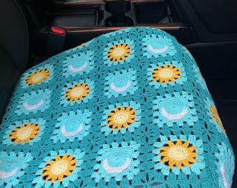 Crochet Sun and Moon Car Seat Cover Set,Handmade Auto Accessories,Green Turquoise Color Car Covers,Birthday Gift