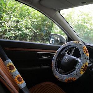 Crochet Steering Wheel Cover For Car,Steering Wheel Cover,Women Cute Steering Wheel Cover,Sunflower Steering Wheel Cover Seat Belt Cover