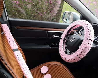 Car Coaster and Steering Wheel Cover For Women,Crochet Sunflower Steering Wheel Cover for car,Cute Steering Wheel Cover,Car Cup Coaster