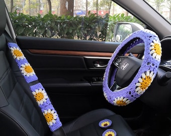 Crochet Sunflower Steering Wheel Cover: Car Decor Gift