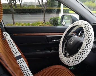 Handmade Crochet Steering Wheel Cover Set with Seat Belt Cover (14-15in)
