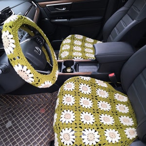 Funda para asiento de coche, fundas de girasol de ganchillo, fundas para reposacabezas de asiento delantero de coche, accesorios para coche, regalos, diseño interior de coche bohemio, funda decorativa para coche.