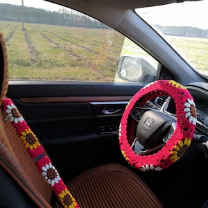Steering Wheel Cover,Crochet Steering Wheel Cover For Women,Car Sunflower Steering wheel Cover,Red Steering Wheel Cover,Cute Gift For Car
