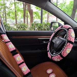 Crochet Steering Wheel Cover,Car Steering Wheel Cover,Car Coaster ,Daisy Steering Wheel Cover For Women,Pink Steering Wheel Cover,car gift