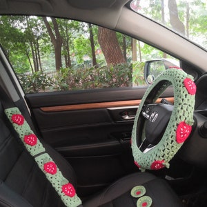 Crochet Strawberry Steering Wheel Cover,Steering Wheel Cover,Steer Wheel Cover For Women,Seatbelt cover,Cute Steering Wheel Cover,car gift
