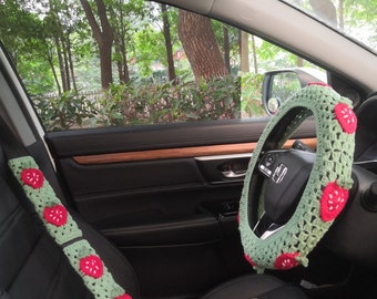 Crochet Strawberry Steering Wheel Cover,Steering Wheel Cover,Steer Wheel Cover For Women,Seatbelt cover,Cute Steering Wheel Cover,car gift