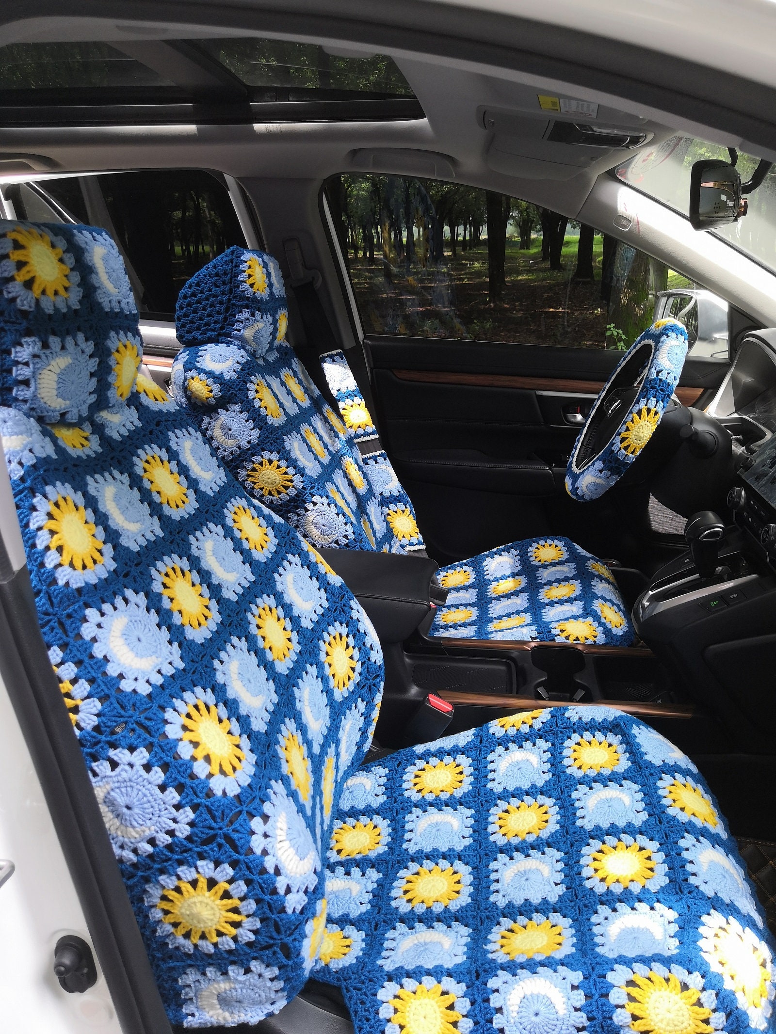 Car Seat Covers,Crochet Seat cover,Sun Moon Steering Wheel Cover Seat covers Headrest Cover Car Accessories,Car Interior Design,Gift For Her