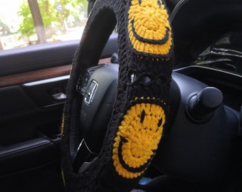 Smile face steering wheel cover,Crochet car wheel cover,Black color Crochet Smiling face for women and men,Washable steering wheel cover