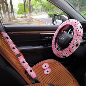 Pink Evil Eye Steering Wheel Cover,Car Steering Wheel Cover,Women Crochet Steering Wheel Cover,Seat Belt Cover,Steering Wheel Cover Crochet