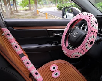 Handgemaakte roze gehaakte boze oog auto stuurhoes set