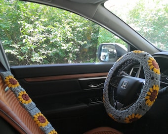 Crochet Sunflower Steering Wheel Cover: Handmade Car Accessory (14-15in)