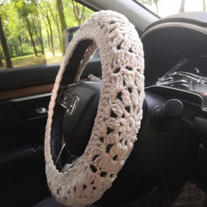 Crochet Steering Wheel Cover,Beige Steering Wheel Cover,Solid Color Steering Wheel Cover For Men and Women,Cute Steering Wheel Cover