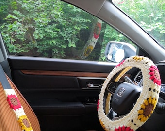 Crochet Sunflower Steering Wheel Cover, Cozy Car Accessory