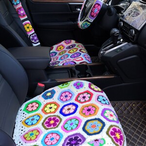 Funda de asiento de coche, fundas de asiento con flores de Galsang tejidas a crochet, funda para reposacabezas del asiento delantero del coche, accesorios de regalo para el coche, diseño interior del coche, juego de fundas decorativas para el coche
