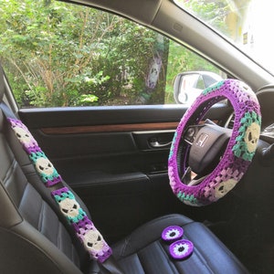 Skull Steering Wheel Cover,Car Steering Wheel Cover,Wheel Cover For Women,Cute Steering Wheel cover,Skull seat belt cover,Car Decor Cover