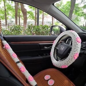 Steering Wheel Cover For Women,Crochet Daisy Steering Wheel Cover For Car,Daisy Seat Belt Cover,Crochet car steering wheel cover white,pink