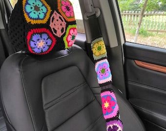 Crochet Car Headrest Cover: Sunflower Auto Decor