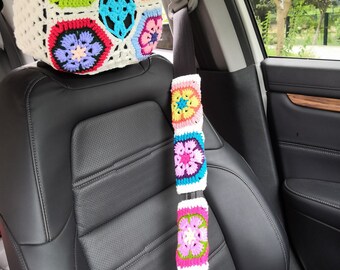 Crochet Sunflower Car Headrest Cover & Seatbelt Cover: Auto Decor