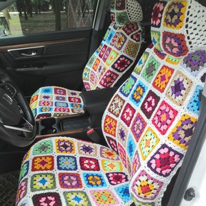 Car Seat cover,Crochet Granny Square Seat Cover,Front Seat Cover Steering Wheel Headrest Cover Set,Rainbow Granny Square Car Interior Cover