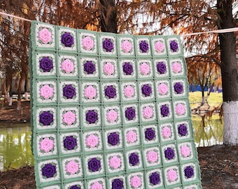 Handmade Crochet Granny Square Flower Blanket, Eco-Friendly Yarn