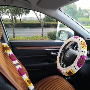 Steering Wheel Cover for women,Crochet Sunflower Steering Wheel Cover for car,Seat belt cover,Cute Steering Wheel Cover,personalized gifts