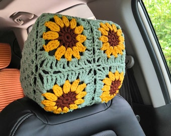 Crochet Sunflower Car Headrest Cover: Handmade Auto Decor
