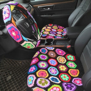 Car Seat Covers,Crochet Galsang Flower Seat cover,Front Seat Cover Car Accessories,Black Rainbow Seat Cover,Car Decor Cover Set,Gift For Her
