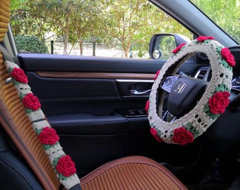 3D Rose Steering Wheel Cover,Crochet Car Steering Wheel Cover For Women,Steering Wheel Cover for car,Cute Steering Wheel Cover,gift for her