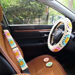 Crochet Car Coaster and Steering Wheel Cover For Women,Crochet Sunflower Steering Wheel Cover,Cute Steering Wheel Cover and Car Coaster Set