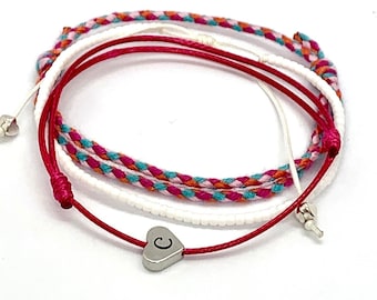 Bead surfer bracelets for women, beaded name bracelet stack, cotton cord braided friendship bracelet, birthday gift her,
