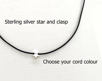 Black cord necklace, tiny sterling silver wish upon a star choker necklace, necklaces for woman, gifts for her,