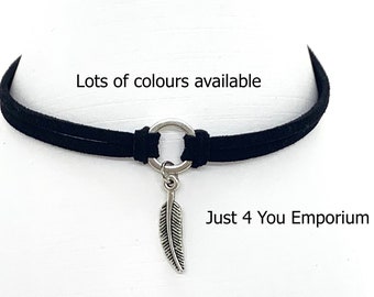 Feather choker necklace, faux leather cord choker for woman, plain chokers for women, gifts for her,