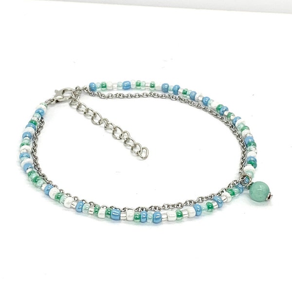 Blue gemstone crystal beaded anklet gift women, personalised turquoise dainty pastel layered double strand bead ankle bracelet, gift for her