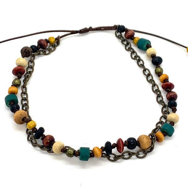 Boho layered anklets for women, wooden bead and chain knotted ankle bracelet stack, mixed colour double strand anklet for woman gift
