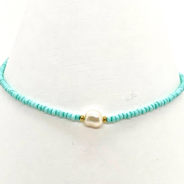 Blue bead necklaces for women, turquoise beaded choker necklace with single fresh water pearl, gift for her,