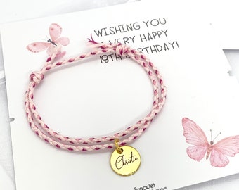 18th birthday friendship bracelet gift her, engraved name pink bracelet women, braided surfer boho bracelet, cotton cord bracelet,