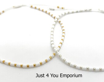 Beaded white cord anklet, plain miyuki seed bead ankle bracelet for woman, gift for her,