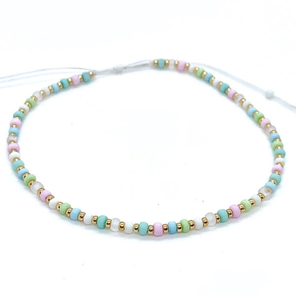 Stunning pastel beaded anklet, pale pink, blue, green and white seed bead ankle bracelets for woman, gifts for her,