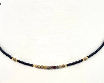 Black bead gemstone necklace, beaded choker necklaces with tiny beads, minimalist jasper jewellery gift woman, miyuki choker gifts,