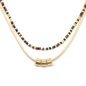 Beige Perlen und Kordel Layered Halskette: Zierliches vergoldetes Choker Set