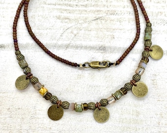 Brown and green bead necklace, boho rustic ethnic beaded choker necklace with bronze discs, necklaces for women, gifts for her,