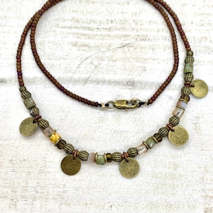 Brown and green bead necklace, boho rustic ethnic beaded choker necklace with bronze discs, necklaces for women, gifts for her, image 1