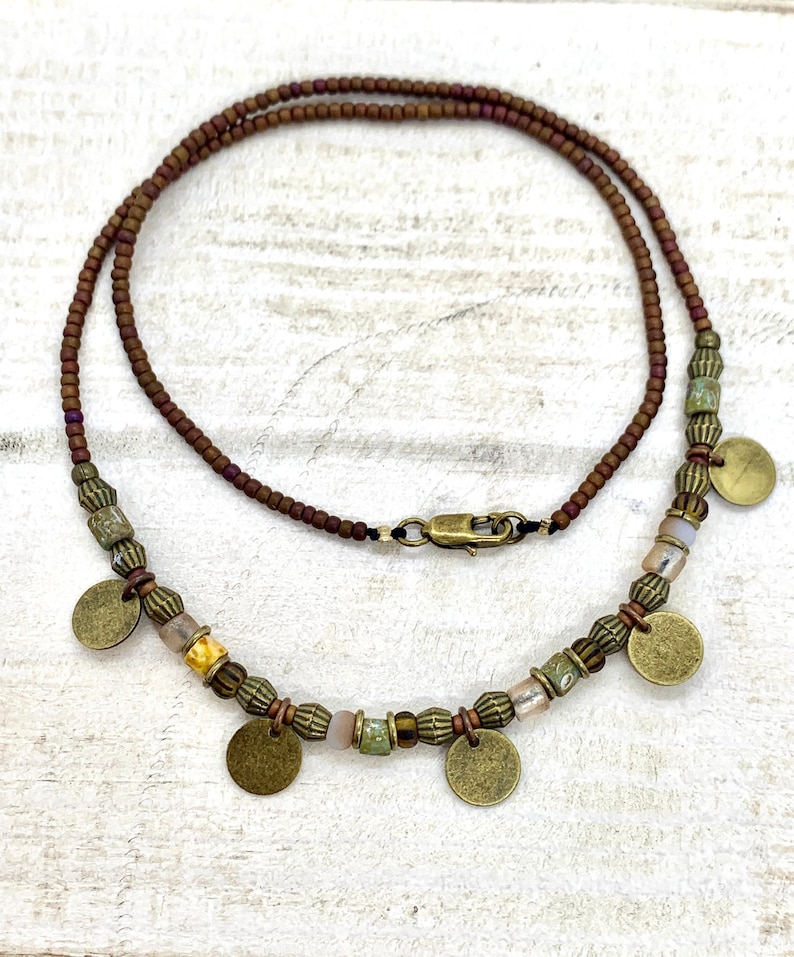 Brown and green bead necklace, boho rustic ethnic beaded choker necklace with bronze discs, necklaces for women, gifts for her, image 1