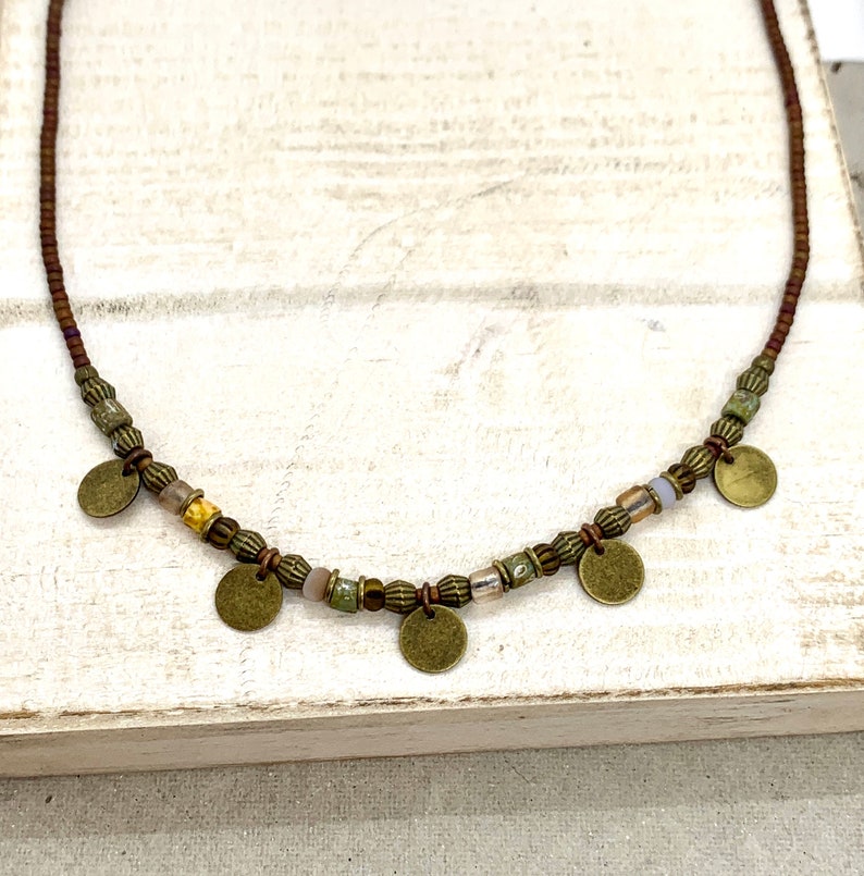 Brown and green bead necklace, boho rustic ethnic beaded choker necklace with bronze discs, necklaces for women, gifts for her, image 3