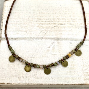 Brown and green bead necklace, boho rustic ethnic beaded choker necklace with bronze discs, necklaces for women, gifts for her, image 10